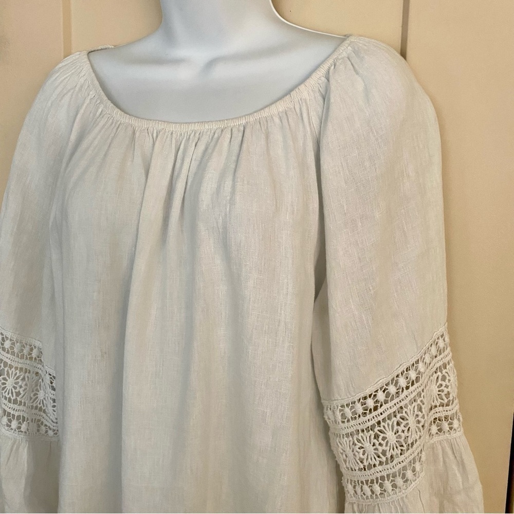 White Linen Blouse Top Sz Large Crochet Peasant Bell Sleeve Prairie Summer - Picture 2 of 13